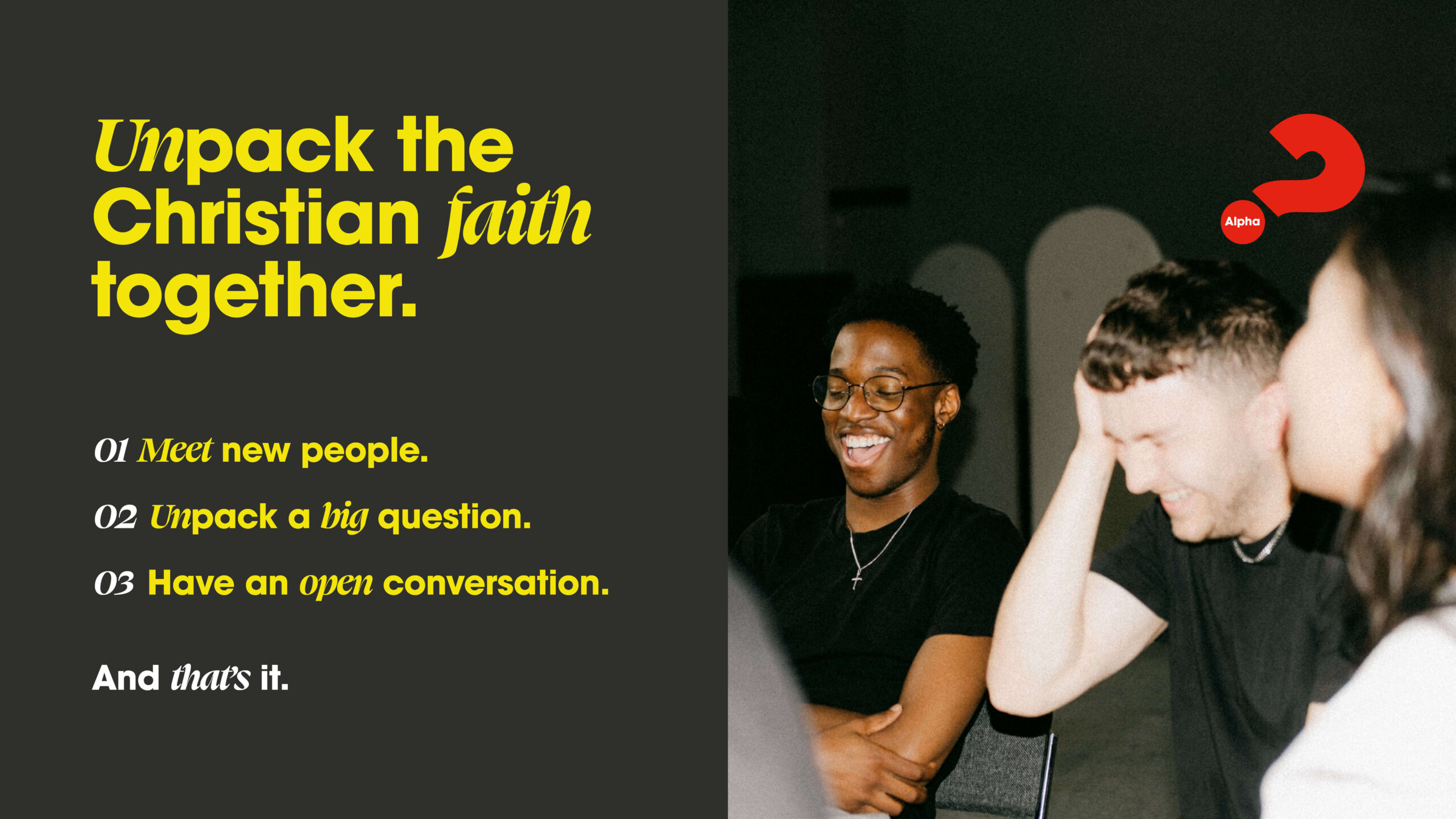 An image with young people laughing, explaining the three key ingredients to an Alpha course, exploring the christian faith.